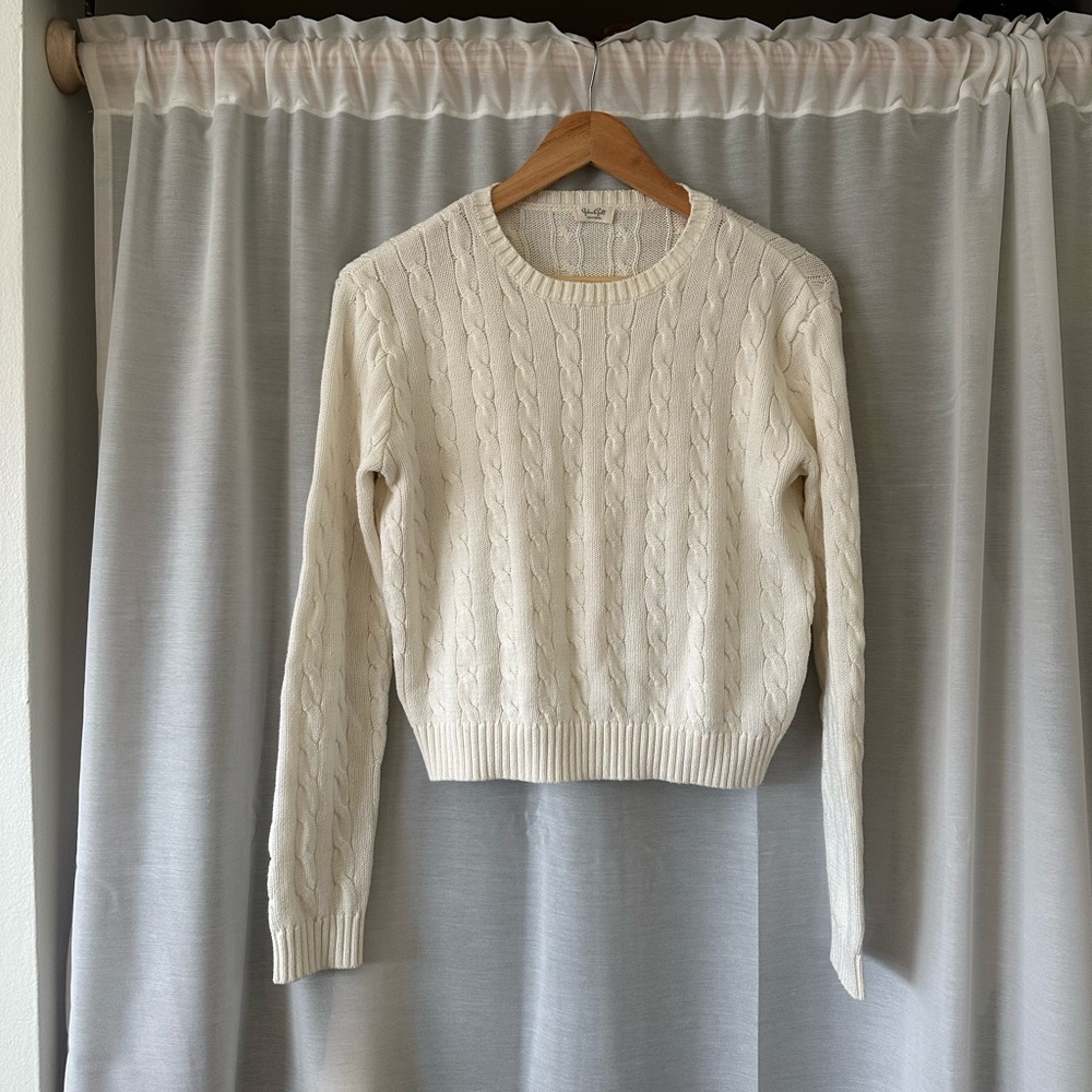 Cream cotton cable knit crew sweater